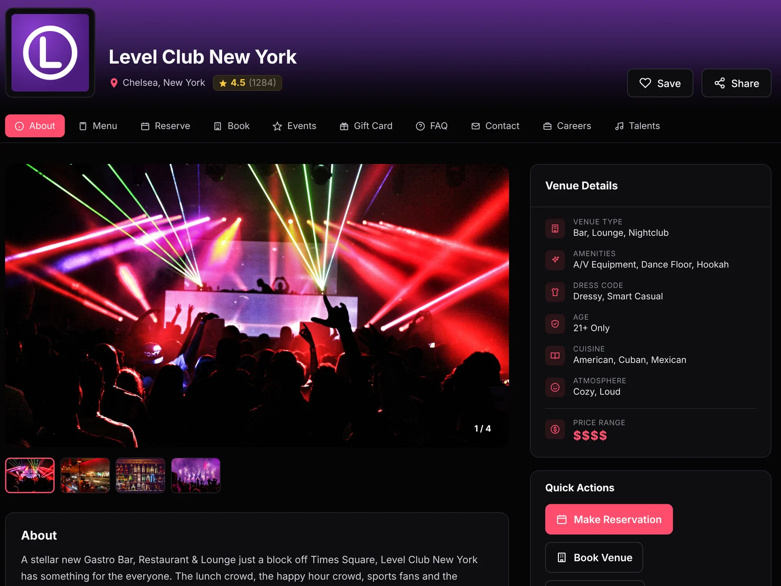 VenueLista venue page: An About page that sells the night.